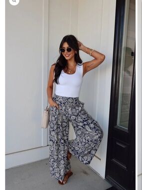 High-Rise Navy Paisley Wide-Leg Palazzo Pants